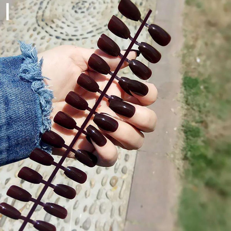 24pcs Solid Color Long Ballet Nail Strips, Top Coat, False Nail Stickers, Solid Color Coffin Nail Style